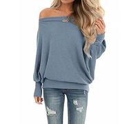 Lacozy Women's Off The Shoulder Tops Waffle Knit Oversized Sweatshirt Long Sleeve Tunic Shirts Pullover Sweaters, Grey Blue, XL