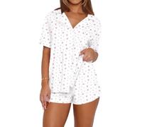 LACOZY Womens Pjs 2 Piece Matching Soft Pajamas Button Up Shirts Summer Short Sleeve Lounge Sleepwear Shorts Cute Pj Set White L