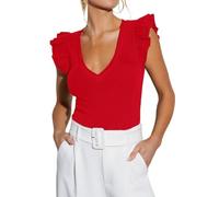 LACOZY Women's Red V Neck Sleeveless Shirt Rib Knit Ruffle Tank Flutter Blouse Office Tight Tee Country Concert Trendy Top Sexy Summer Crop Shirts Red S