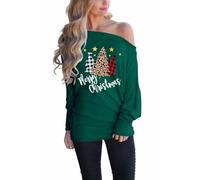 LACOZY Women's Round Neck Tops Off Shoulder Pullover Sweatshirt Solid Color Tunic Tops Sweater Green Tree S