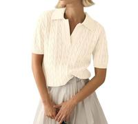 LACOZY Women's Short Sleeve Sweaters Tops Polo V Neck Cable Knit Casual Soft Pullover Shirts 2025 Summer Outfits Apricot M