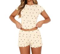 LACOZY Womens Summer 2 Piece Pajama Set Cute Cropped Tops Nightwear Sets 2026 Trendy Casual PJ Shorts Outfits Apricot S