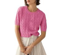 LACOZY Womens Sweater Fashion Cable Knit Tops Short Sleeve Crewneck Pullover Shirts 2025 Spring Summer Clothes Pink L