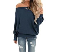 Lacozy Women's Waffle Knit Off The Shoulder Tops Oversized Long Sleeve Tunic Shirts Pullover Sweaters, Navy Blue, Medium