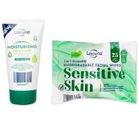 Lacura Moisturising Face Wash 150ml & 3 in 1 Cleansing Biodegradable Facial Wipes for Sensitive Skin, 25 Soft Wipes, Soap-Free
