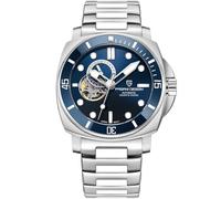 LACZ DENTON Pagani Design 1736 Men's Automatic Watches Tourbillon Fashion Men Mechanical Wristwatches Skeleton Dial Analog Digital dial Casual Leather Bracelet, Steel blue