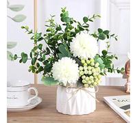 LADADA Artificial Flower Hydrangea and Small CeramicVase Fake Plant Eucalyptus Leaf Berry Flower Arrangement for Home Decoration (White)