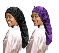 LadayPoa 2 Pcs Long Satin Sleep Cap for Women,Girls Silky Cap for Sleeping Large Satin Bonnet Single Layer Sleep Cap with Button for Long Curly Hair Protection(Black,Purple)