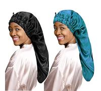 LadayPoa 2 Pcs Long Satin Sleep Cap for Women,Girls Silky Cap for Sleeping Large Satin Bonnet Single Layer Sleep Cap with Button for Long Curly Hair Protection(Black,Green)