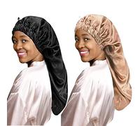 LadayPoa 2 Pcs Long Satin Sleep Cap for Women,Girls Silky Cap for Sleeping Large Satin Bonnet Single Layer Sleep Cap with Button for Long Curly Hair Protection(Black,Khaki)
