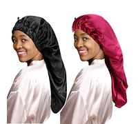 LadayPoa 2 Pcs Long Satin Sleep Cap for Women,Girls Silky Cap for Sleeping Large Satin Bonnet Single Layer Sleep Cap with Button for Long Curly Hair Protection(Black,Red