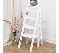 Ladder Chair Wooden Ladder Stool 4 Steps Folding Stairs Chair Home Kitchen Library Multifunction Foldable Step Stool Ladder White