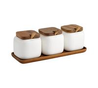 Ladelle Essentials White Canister & Spoon 3-piece Set - Porcelain & Acacia Wood
