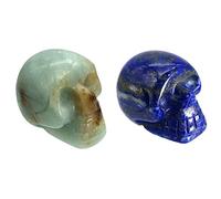 Ladeukoi 2Pcs Natural Stone Human Skull Statue, Hand Carved Healing Crystal Skull Head Bone Figurine Decoration Skeleton, 1"(25mm), Amazonite & Lapis Lazuli