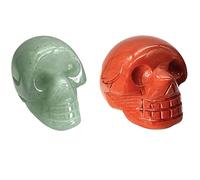 Ladeukoi 2Pcs Natural Stone Human Skull Statue, Hand Carved Healing Crystal Skull Head Bone Figurine Decoration Skeleton, 1"(25mm), Green Aventurine & Red Jasper