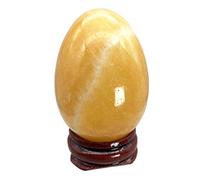 Ladeukoi Stone Egg Figurine, Polished Healing Crystal Easter Eggs Sphere Sculpture with Wood Stand, Cream-coloured Yellow Jade, 1.8"