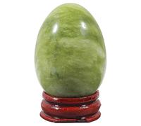 Ladeukoi Stone Egg Figurine, Polished Healing Crystal Easter Eggs Sphere Sculpture with Wood Stand, Green Jade, 1.8"