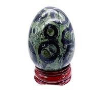 Ladeukoi Stone Egg Figurine, Polished Healing Crystal Easter Eggs Sphere Sculpture with Wood Stand, Natural Green Kambaba Jasper, 1.8"
