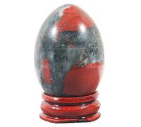 Ladeukoi Stone Egg Figurine, Polished Healing Crystal Easter Eggs Sphere Sculpture with Wood Stand, Natural Africa Bloodstone, 1.8"
