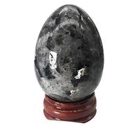 Ladeukoi Stone Egg Figurine, Polished Healing Crystal Easter Eggs Sphere Sculpture with Wood Stand, Natural Black Labradorite, 1.8"