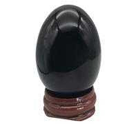 Ladeukoi Stone Egg Figurine, Polished Healing Crystal Easter Eggs Sphere Sculpture with Wood Stand, Natural Black Obsidian, 1.8"