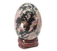 Ladeukoi Stone Egg Figurine, Polished Healing Crystal Easter Eggs Sphere Sculpture with Wood Stand, Rhodonite, 1.8"