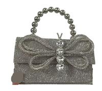 LADFRTYU Rhinestone Bag Diamonds Bow Box Evening Bag Rhinestone Beading Women Handbags Shinny Shoulder Crossbody Small Flap Purses Dinner(Silver leather Small)