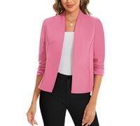LADI TREND 3/4 Ruched Sleeve Open Front Cardigans Blazer Front Lined Womens UK Blazers Crop Shrug Jackets Smart Cover Up Stretch Outerwear Top Runs Small (Rose Pink, L)