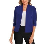 LADI TREND 3/4 Ruched Sleeve Open Front Cardigans Blazer Front Lined Womens UK Blazers Crop Shrug Jackets Smart Cover Up Stretch Outerwear Top Runs Small (Deep Blue, M)