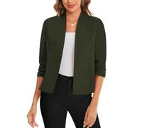 LADI TREND 3/4 Ruched Sleeve Open Front Cardigans Blazer Front Lined Womens UK Blazers Crop Shrug Jackets Smart Cover Up Stretch Outerwear Top Runs Small (Army Green, L)