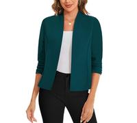 LADI TREND 3/4 Ruched Sleeve Open Front Cardigans Blazer Front Lined Womens UK Blazers Crop Shrug Jackets Smart Cover Up Stretch Outerwear Top Runs Small (Cobalt Green, L)