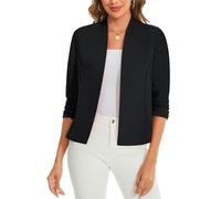 LADI TREND 3/4 Ruched Sleeve Open Front Cardigans Blazer Front Lined Womens UK Regular Fit Blazers Crop Shrug Jackets Smart Cover Up Stretch Outerwear Top Runs Small (Black L)