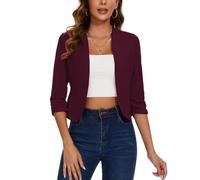 LADI TREND Crop Blazer for Women 3/4 Ruched Sleeve Jacket Blazers Elegant Open Front Suit Plain (Wine Red S)