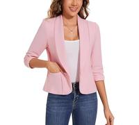 LADI TREND Cropped Blazer for Women 3/4 Ruched Sleeve Lapel Suit Open Front Tailored Jacket (Pink M)