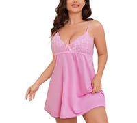LADI TREND Ladies Cute Pink Sexy V Neck Mesh Lingerie Spaghetti Strap Nightgown Plus Size Dresses for Women Lace Babydoll Chemise (Pink 6XL)
