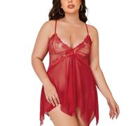 LADI TREND Ladies Cute Red Sexy V Neck Mesh Lingerie Spaghetti Strap Nightgown Plus Size Dresses for Women Semi-Sheer Lace Babydoll Chemise (Red 6XL)