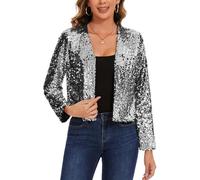 LADI TREND Ladies Sequin Cardigans Cropped Fully Lined Long Sleeves Shrugs Open Front Top Bolero Sweater for Cocktail Glee Feast Celebrate Parties (Sliver XXL)