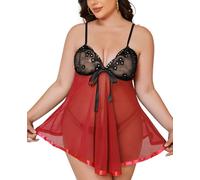 LADI TREND Plus Size Womens Sexy Wedding Bridal Lingerie Sets Deep V Neck Semi-Sheer Lace Mesh Lingerie Babydoll Chemise Nightdress Sleepwear Nightie (Black+Red 6XL)