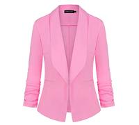 LADI TREND Women Stretch Jacket Suit 3/4 Ruched Sleeve Open Front Blazer Jackets (Pink L)
