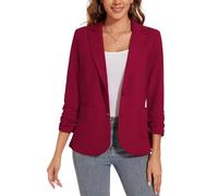 LADI TREND Women's 3/4 Ruched Sleeve Blazer Open Front Lightweight Work Office Suit Jacket (Red XL)