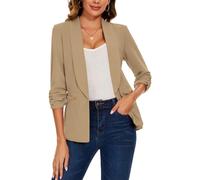 LADI TREND Womens Casual Blazer Ruched 3/4 Sleeve Open Front Cardigan Work Office Blazers Suit Jacket with Zipper Pocket, Khaki, M
