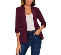 LADI TREND Womens Casual Blazer Ruched 3/4 Sleeve Open Front Cardigan Work Office Blazers Suit Jacket with Zipper Pocket, Wine Red, XL