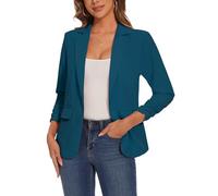 LADI TREND Women's Casual Single Button Front Blazer Ruched 3/4 Sleeve Notched Lapel Office Lightweight Blazers with Pockets, Teal Blue, XL