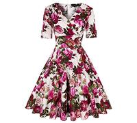 LADI TREND Women's Classy Vintage Floral Hepburn Style 1940's Rockabilly Evening Dress (Fuchsia_Floral White M)