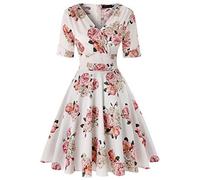 LADI TREND Women's Classy Vintage Floral Hepburn Style 1940's Rockabilly Evening Dress (Pink Floral_White M)