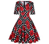 LADI TREND Women's Classy Vintage Floral Hepburn Style 1940's Rockabilly Evening Dress (Polka Dots-Red Floral M)