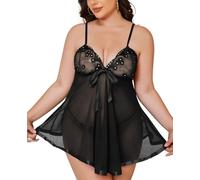 LADI TREND Womens Semi-Sheer V Neck Sexy Nightgowns Curvy Mesh Lingerie Plus Size Lace Floral Nightdress Teddy Babydoll Chemise (Black 6XL)