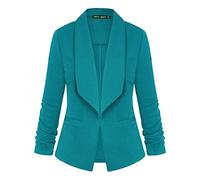 LADI TREND Womens Solid 3/4 Ruched Sleeve Open Front Lapel Work Office Blazer Jacket (Cobalt Green XL)