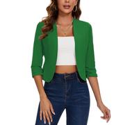 LADI TREND Women's Suits & Blazers Cropped 3/4 Ruched Sleeve Jackets Elegant Linen Open Front Suit (Green S)