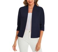 LADI TREND Womens Summer Lightweight Front Lined Blazers 3/4 Ruched Sleeve Breathable Open Front Cardigan Casual Business Suits Jackets Cocktails Parties (Navy Blue L)